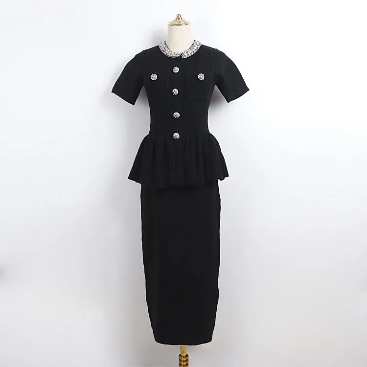 고급스러운 다이아몬드 장식 니트 투피스 세트 여성 니트 스웨터 롱 드레스 반팔 가디건 스커트 슈트