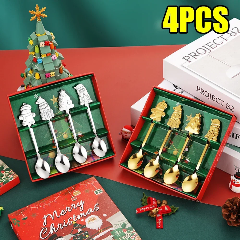 4/1PCS Christmas Dinnerware Stainless Steel Coffee Dessert Spoon Fruit Fork Glod Siliver Cutlery Gift Xmas Table Decor Supplies
