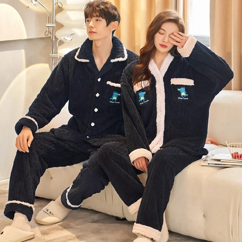 Flannel Sleepwear Cardigan Pajamas Couple Set Winter Warm Pyjamas Suit Coral Fleece Pijama Women Men Loungewear Plus Size Pj Set