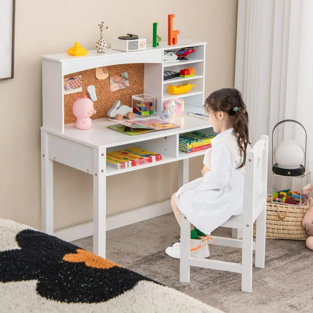 

Kids Desk and Chair Set,Wooden Study Desk for Kids with Storage,Hutch, Cork Bulletin Board