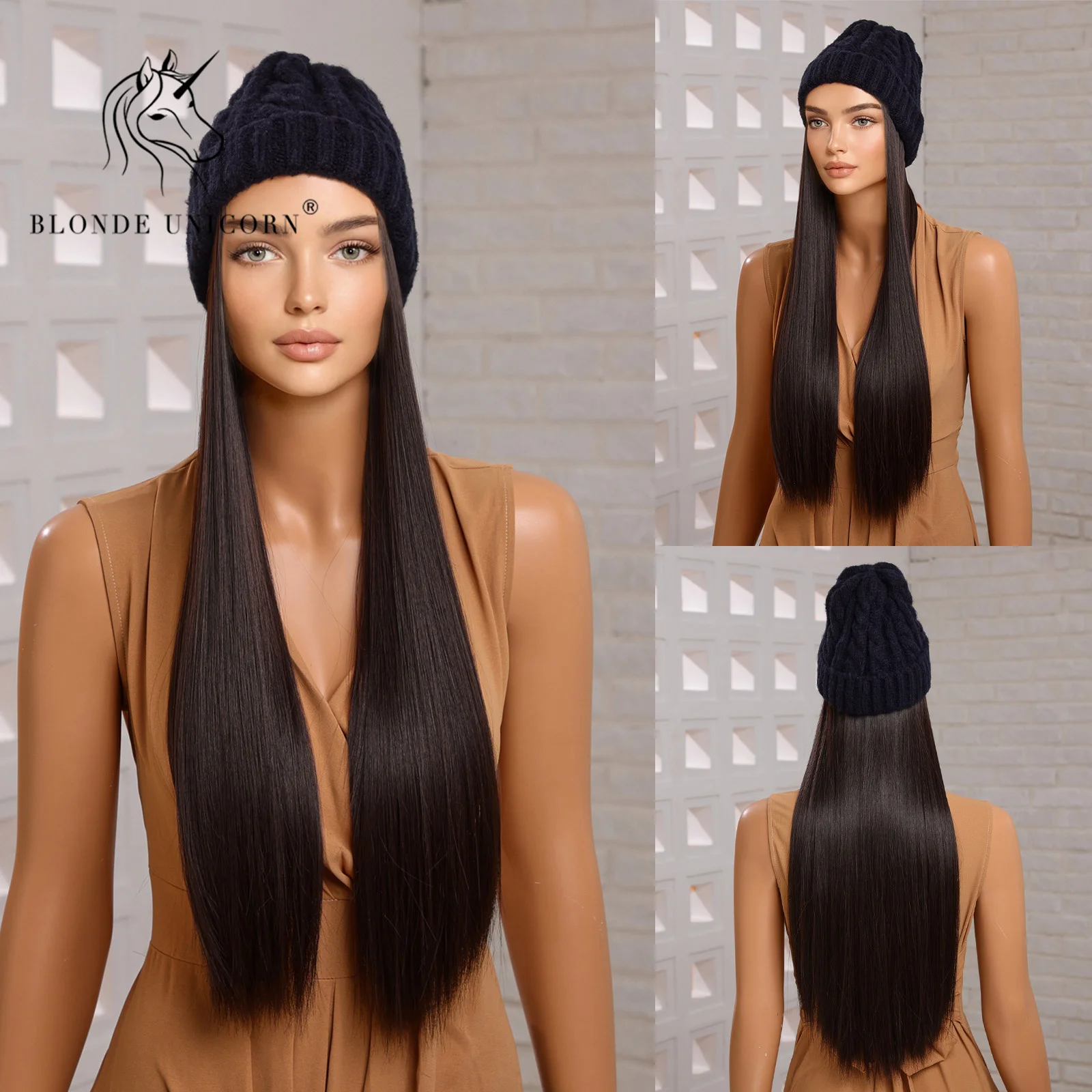 Blonde Unicorn Hat wigs Cap with Hair Hat Wig Natural Black Straight Connect Synthetic Hair Women Daily Party High Temperature