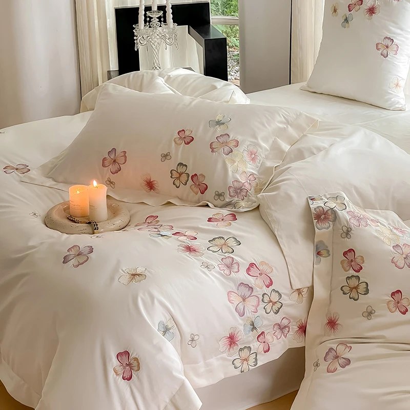 2025 New Flowers Embroidery Bedding Set 1000TC Egyptian Cotton Duvet Cover Set Bed Sheet/Fitted Sheet Pillowcases 4Pcs