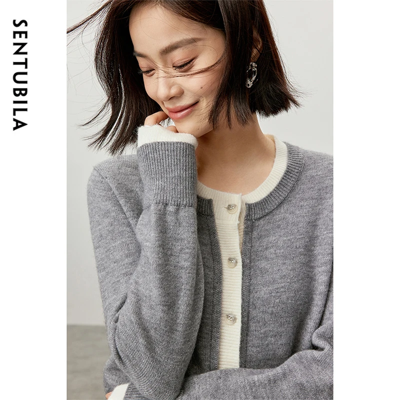 SENTUBILA Patchwork Spliced Cardigan for Women 2024 Autumn Straight 2 in 1 Sweater Fashion Single Breasted Knit Tops W43E56917