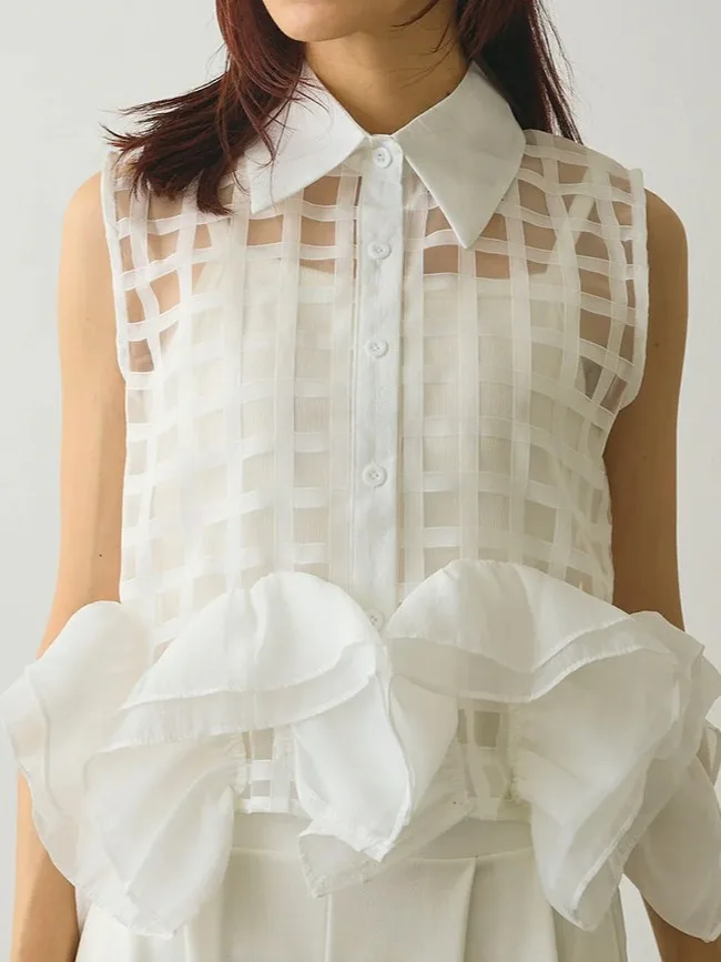 

Spring New Sweet Lace Shirt Women's Design Sense Top Transparent Sleeveless Stand Collar Splicing Style Korean Style Pure Color