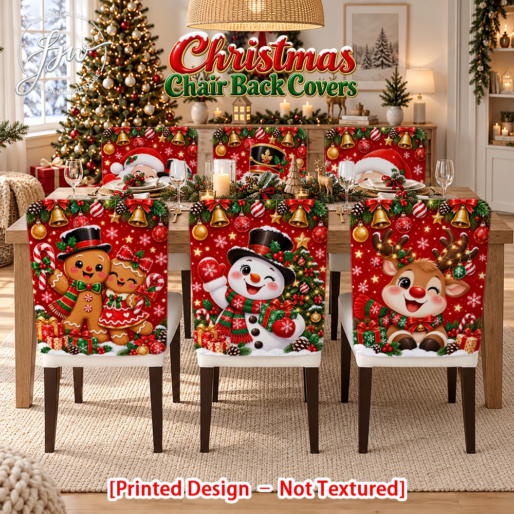 2/4/6pc Christmas Chair Back Covers Cute Xmas Snowman Reindeer Gingerbread Print Dining Chair Slipcovers for Holiday Home Decor