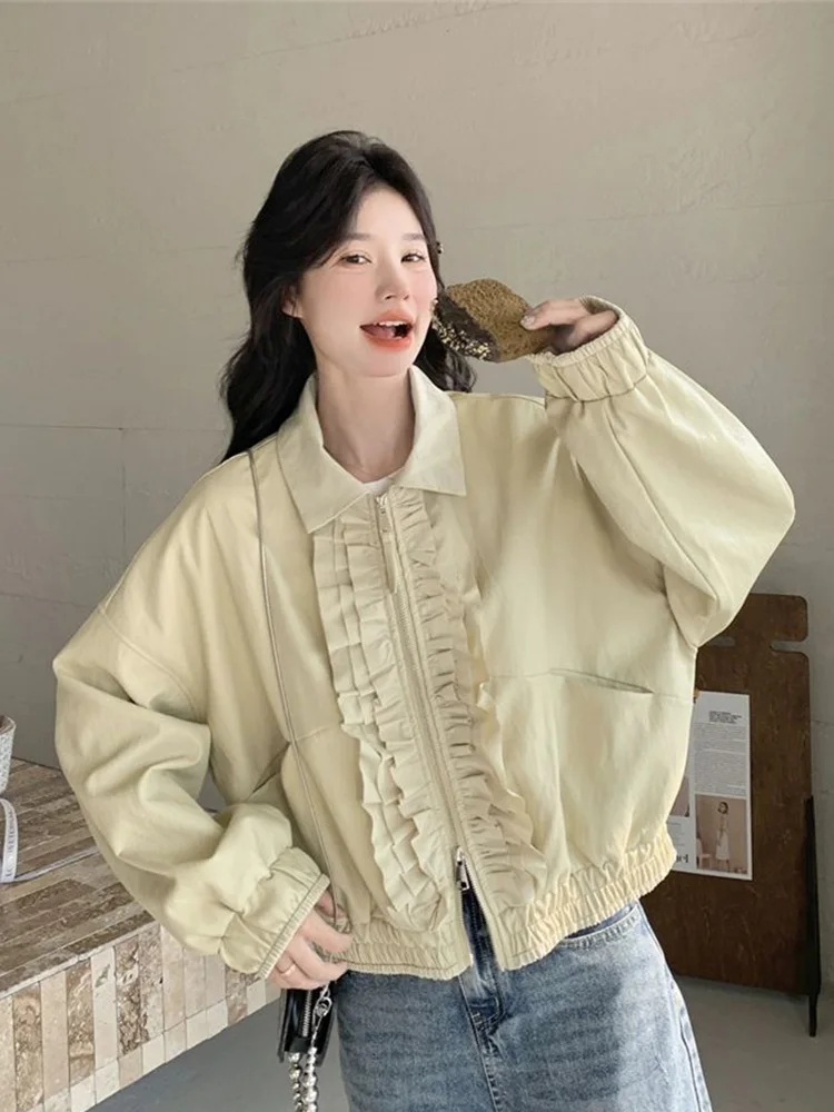 Ruffles Sweet Cargo Jacket Women Preppy Style Long Sleeve Cute Short Coat Korean Lady Pockets Loose Solid Spring Vintage Outwear
