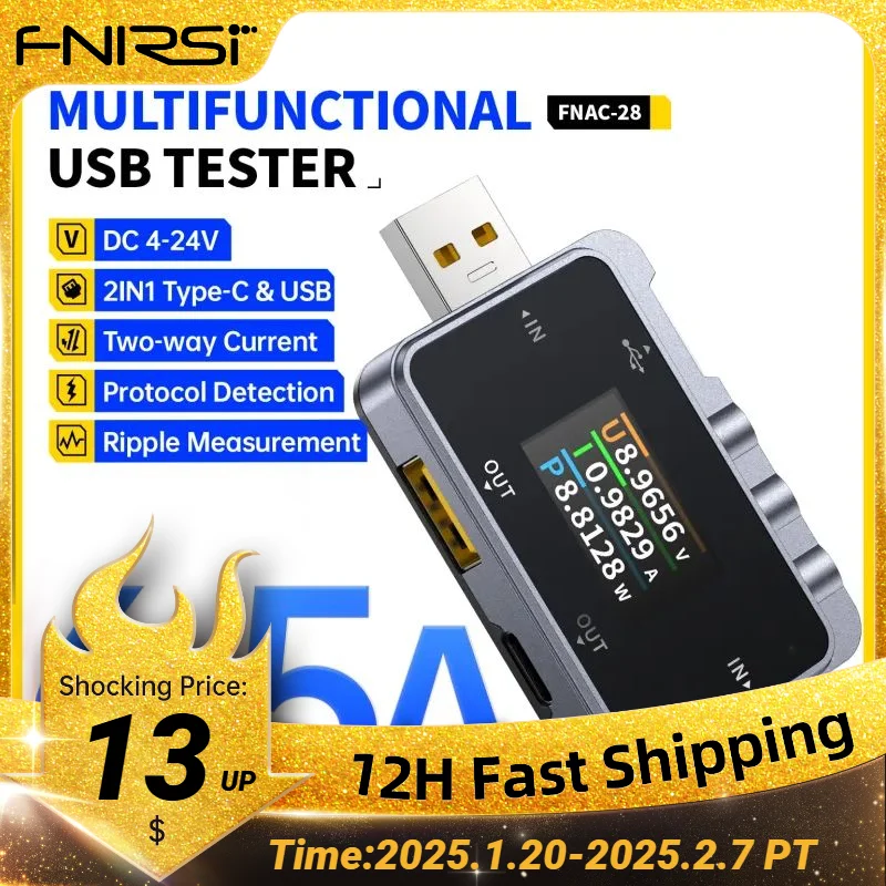 FNIRSI FNAC-28 2 IN 1 Type-C USB Tester Digital Voltmeter Ammeter Amperimetor Voltage Current Meter Power Bank Charger Measure