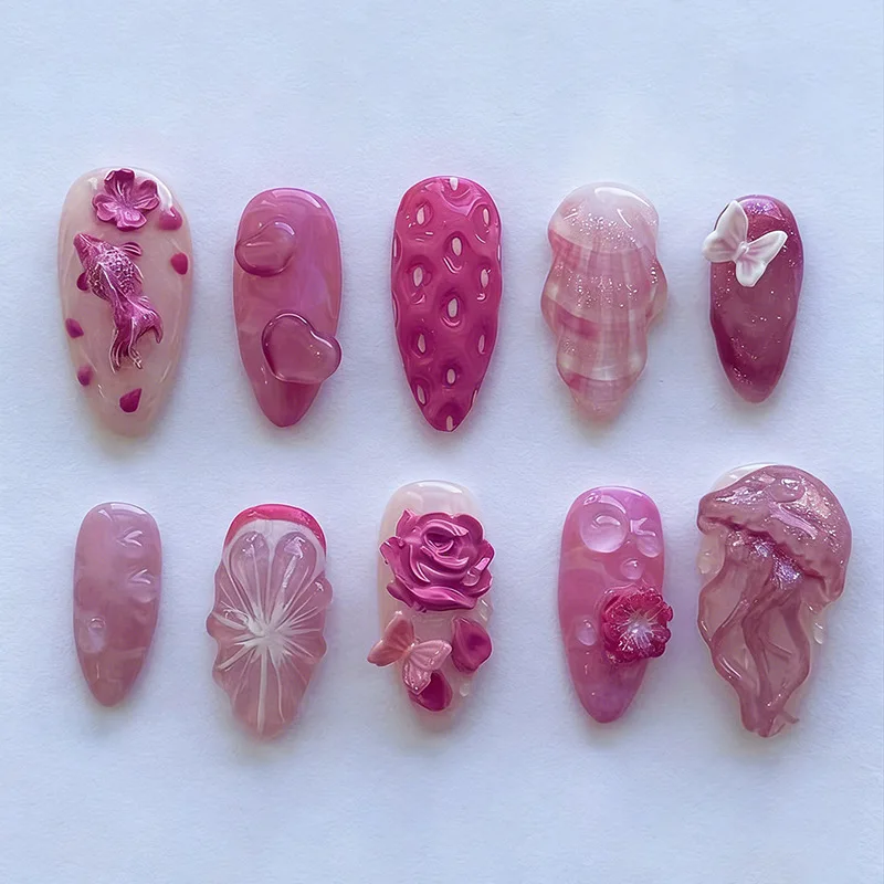 24Pcs Purple Aurora Gradient Press on Nails Full Cover 3D Flower French Almond False Nails with Polka Dot Wearable Manicure Tips 3