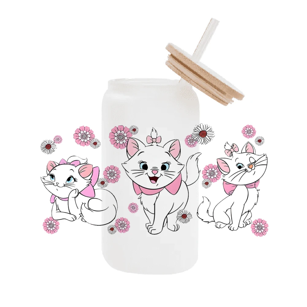 디즈니 Marie Cat 방수 데칼 UV DTF 컵 랩, 리비 유리 영구 접착제, 열 필요 없음, 16oz