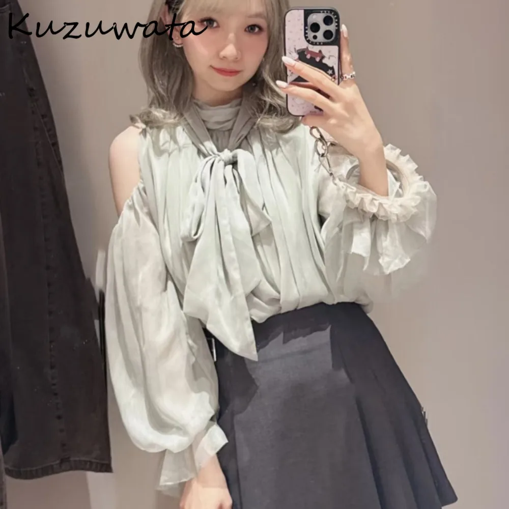 

Kuzuwata Ruffles Chiffon Fairy Elegant Shirt Princess Sleeves Ruffled Solid Patchwork Blusas Japan Loose All-match Lace Up Mujer