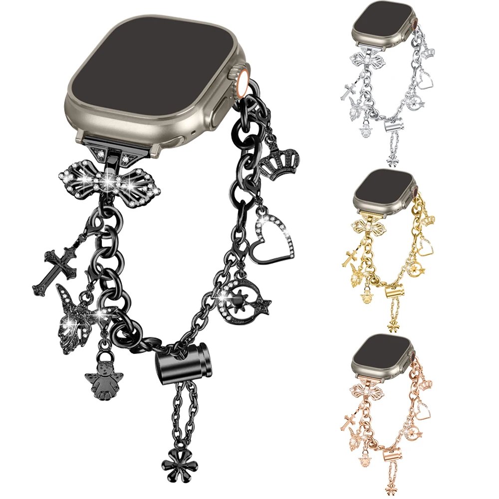 Женский браслет из нержавеющей стали для Apple Watch Band Ultra 49/46/45/44/42/41/40/38 мм с бриллиантами IWatch Series10 9 8 7 SE 6 5 ремешок