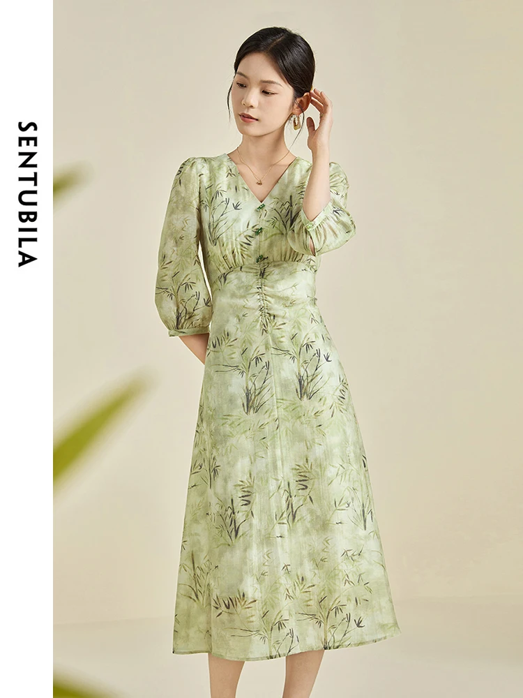 

SENTUBILA V-neck Three Quarter Sleeve Midi Dress 2024 Spring Summer Fashion High Waist Chinese Style A-line Dresses 141L53579