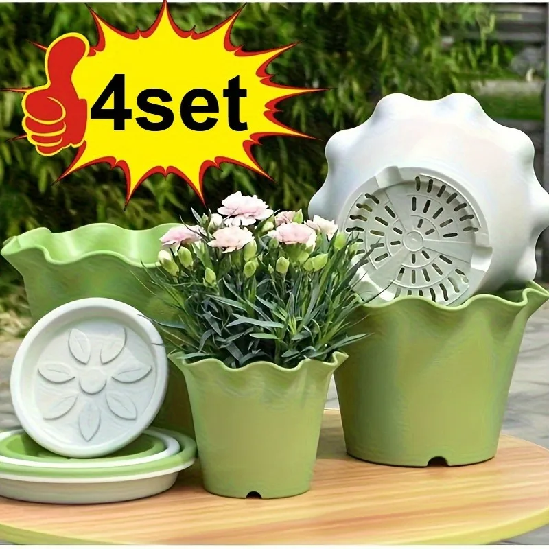 2/4Pcs Ruffled-edge Flower Pots Breathable Tall Planters Indoor Plant Pots 7-inch Round Pot with Drainage and Saucers Home Decor