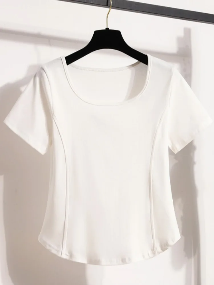 plus Size Women's Summer T-Shirt Square Collar Short Sleeve Waist Cinching Shoulder Width Regular Casual Top Belly Concealing