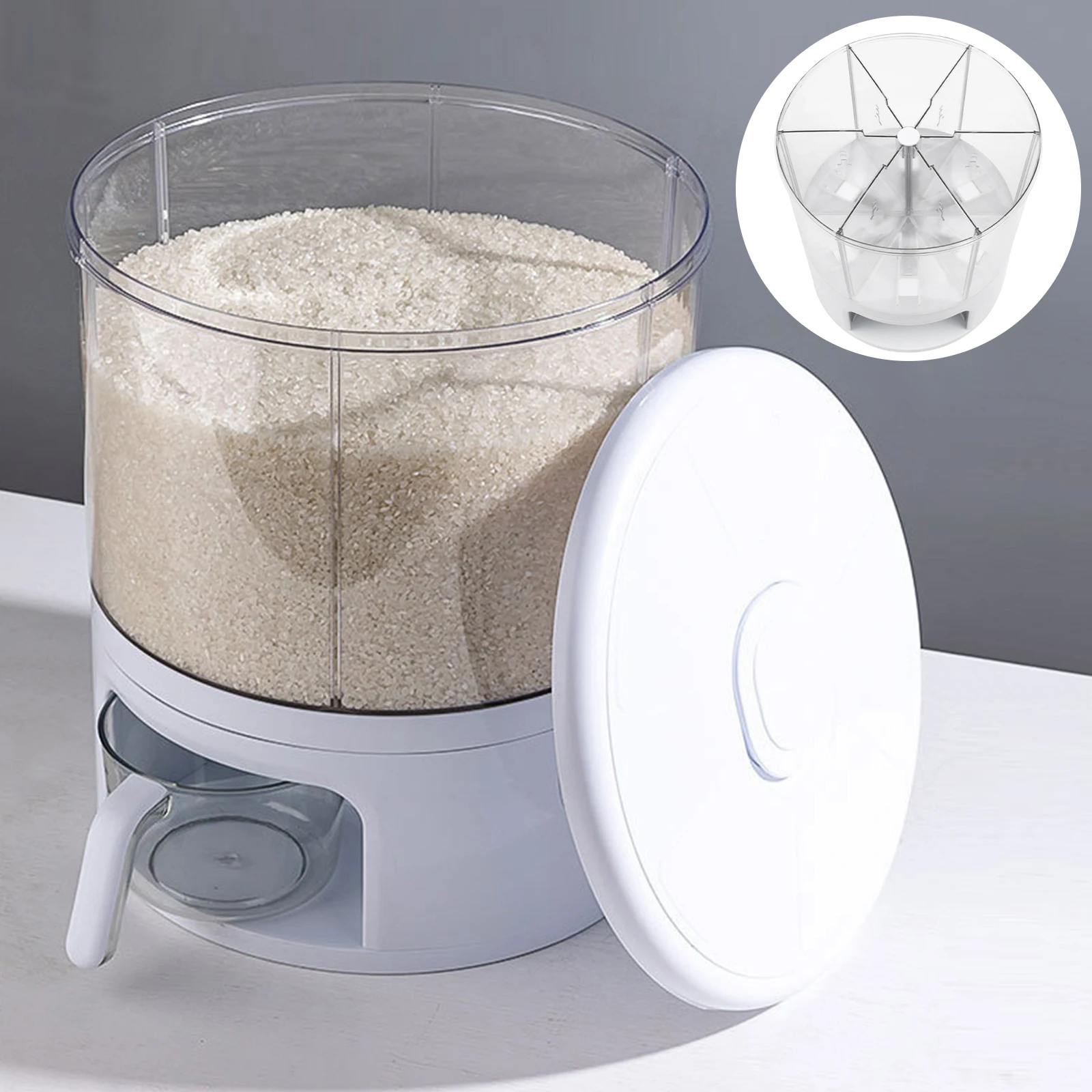 6-in-1 Anti-slip White 360° Rotating Grain Dispenser Max 11kg with Slope Design Insect-proof Box for Black Rice, Yellow Rice, Red Beans, Rice, Mung Beans