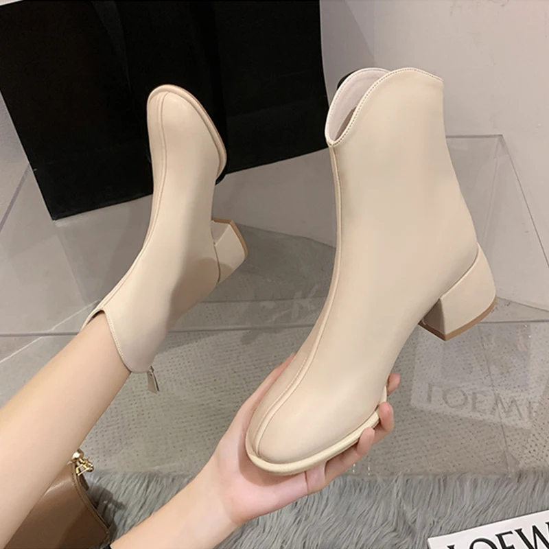 2024 Luxury Brand Women Beige Block High Heels Ankle Winter Female Square Toe Chelsea High Quality Ladies Short Boots New Shoes