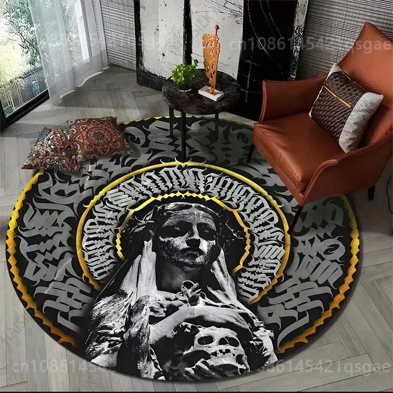 1PC Black statue with lettering art Print Round Carpet for Living Room Bedroom Sofa Table Floor Mat Area Rug Luxury Gift
