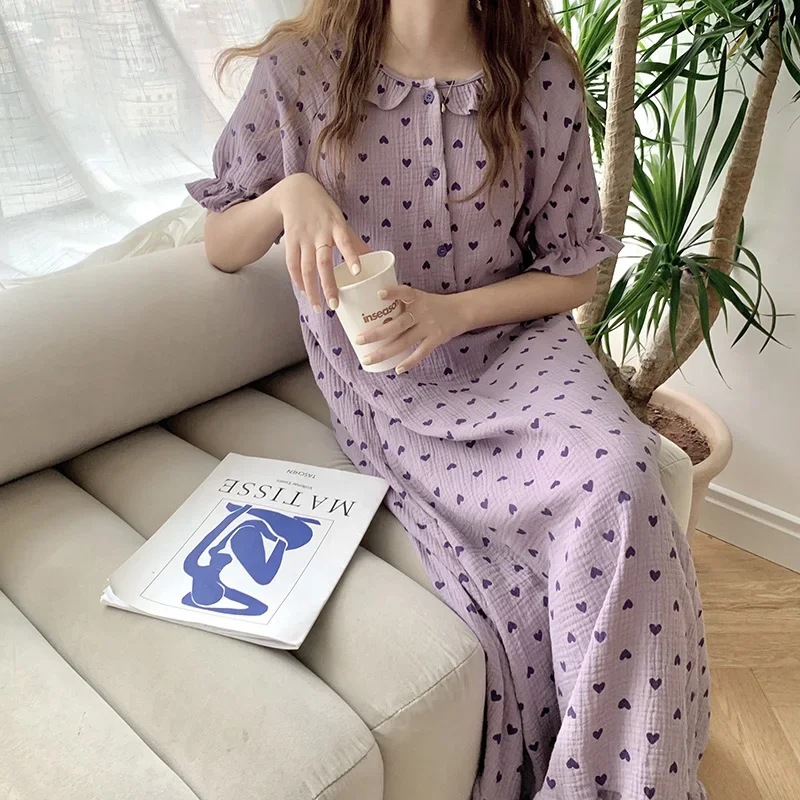 Heart Print Summer Nightgown Women O-Neck Ruffles Short Sleeve Cotton Loose Sleepwear Sweet Vintage Kawaii Homewear Purple 2022