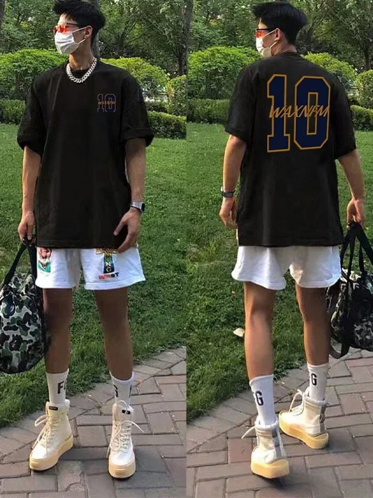 2025 جديد حار عصري العلامة التجارية الإبداعية الرقمية 10 تي شيرت الرجال المقلية الشارع فضفاض صغير العنق نصف كم الهيب هوب الثقيلة