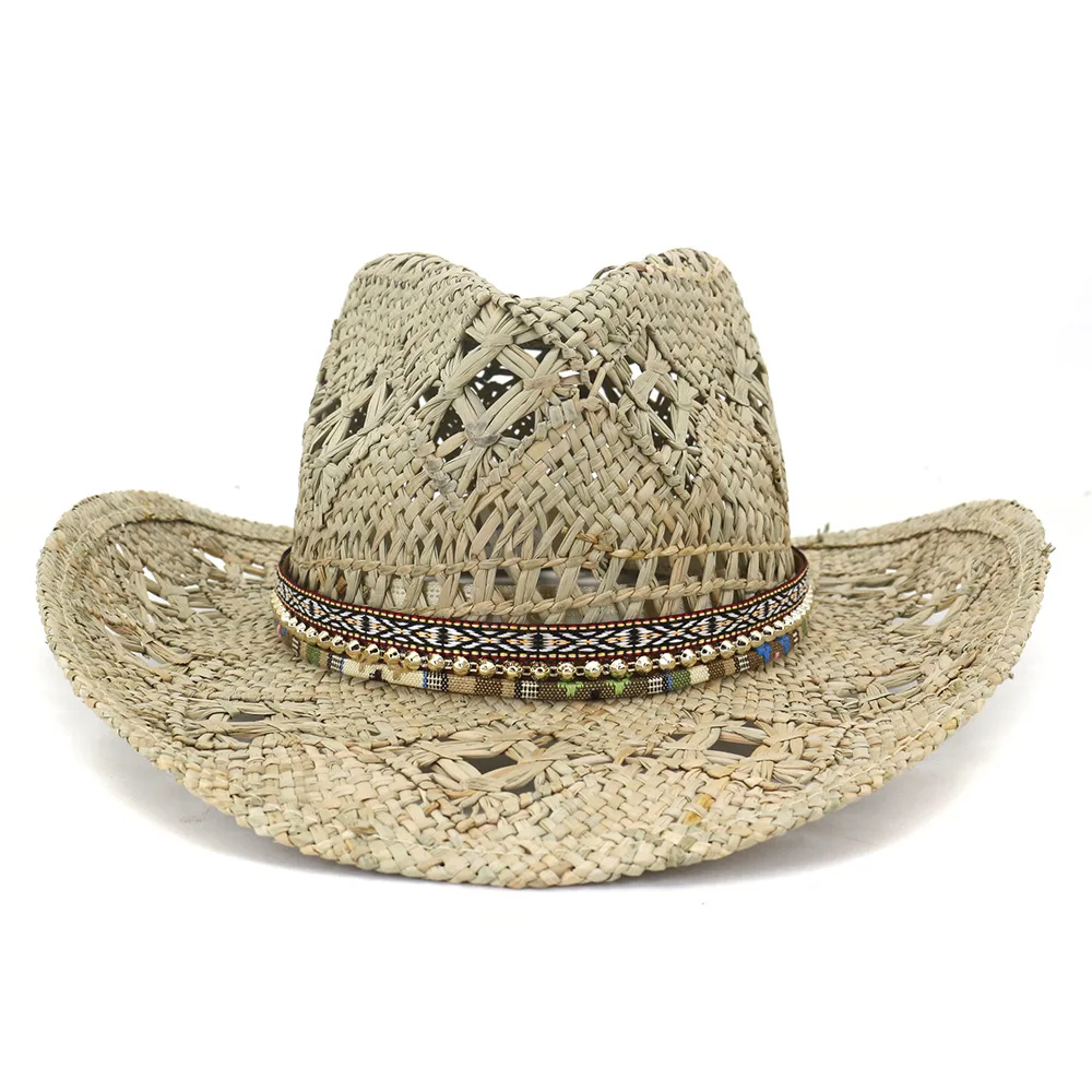 Natural Grass Handwoven Hollow Cowboy Straw Hat Rhinestone Chain Cowboy Hat for Woman Outdoor Vacation Beach Sun Hat for man