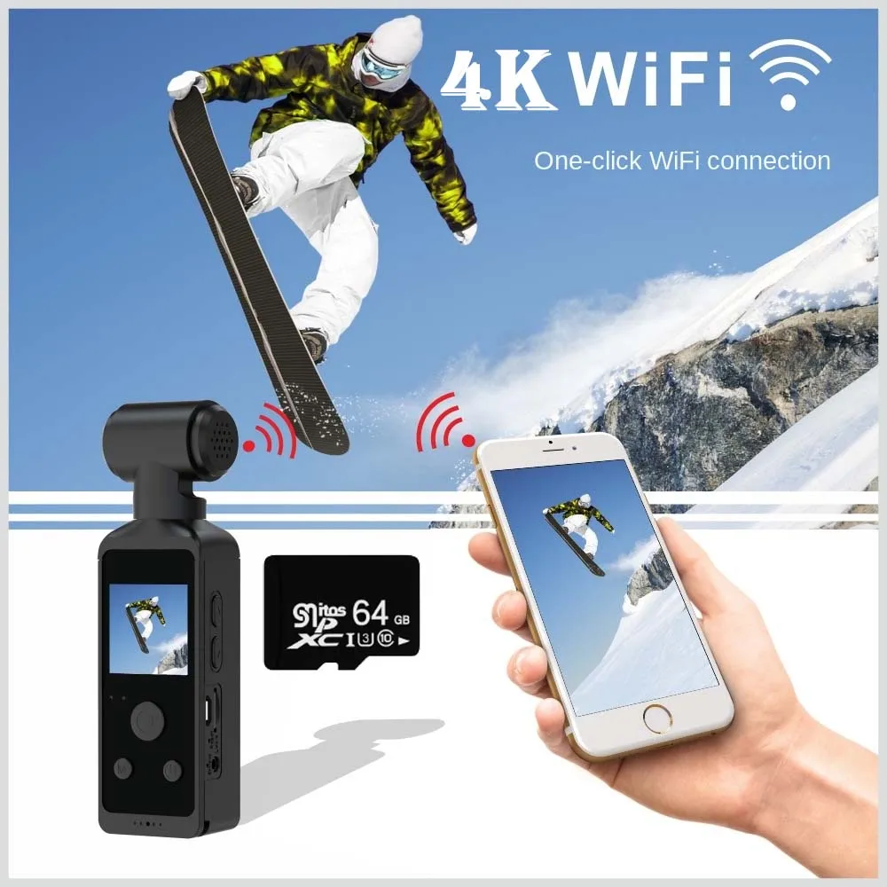 4K HD Pocket Action Camera 270° Rotatable Wifi Mini Sports Camera with Waterproof Case for Helmet Travel Bicycle Driver Recorder