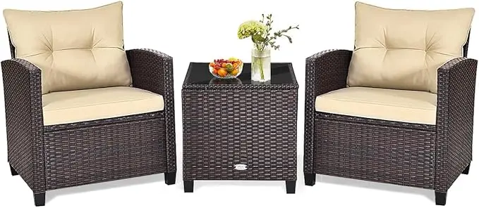 

3 Pieces Patio Conversation Set, Outdoor Furniture Set Pe Rattan Sofa Set With Removable Cushions, Pe Wicker Chairs