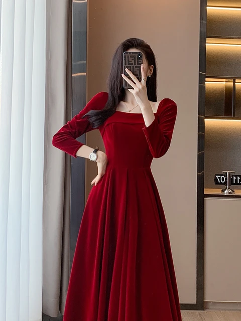 Autunno inverno velluto festa di nozze vestito rosso per le donne sottile semplice temperamento moda elegante abito da sera banchetto di alta qualita AliExpress