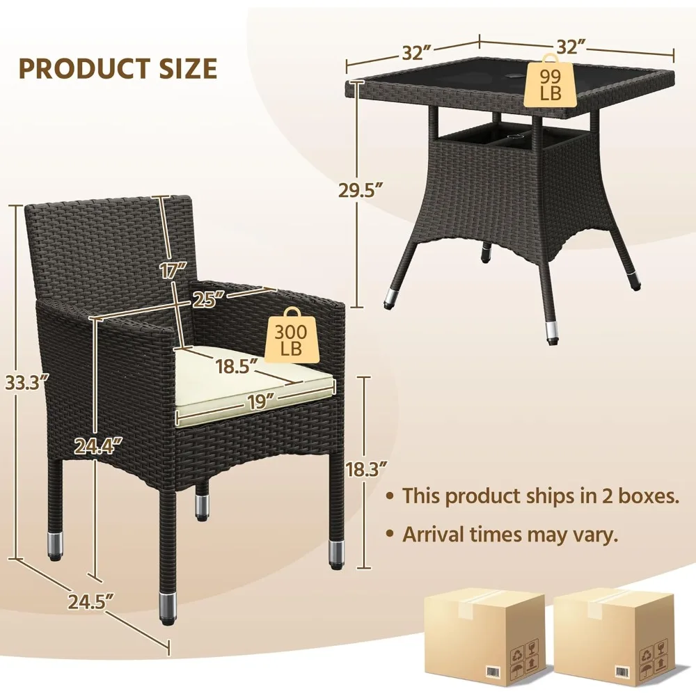 5-Piece Patio Furniture Set, Outdoor Rattan 4 Dining Chairs & Tempered Glass Table with Umbrella Hole, for Garden Backyard Deck