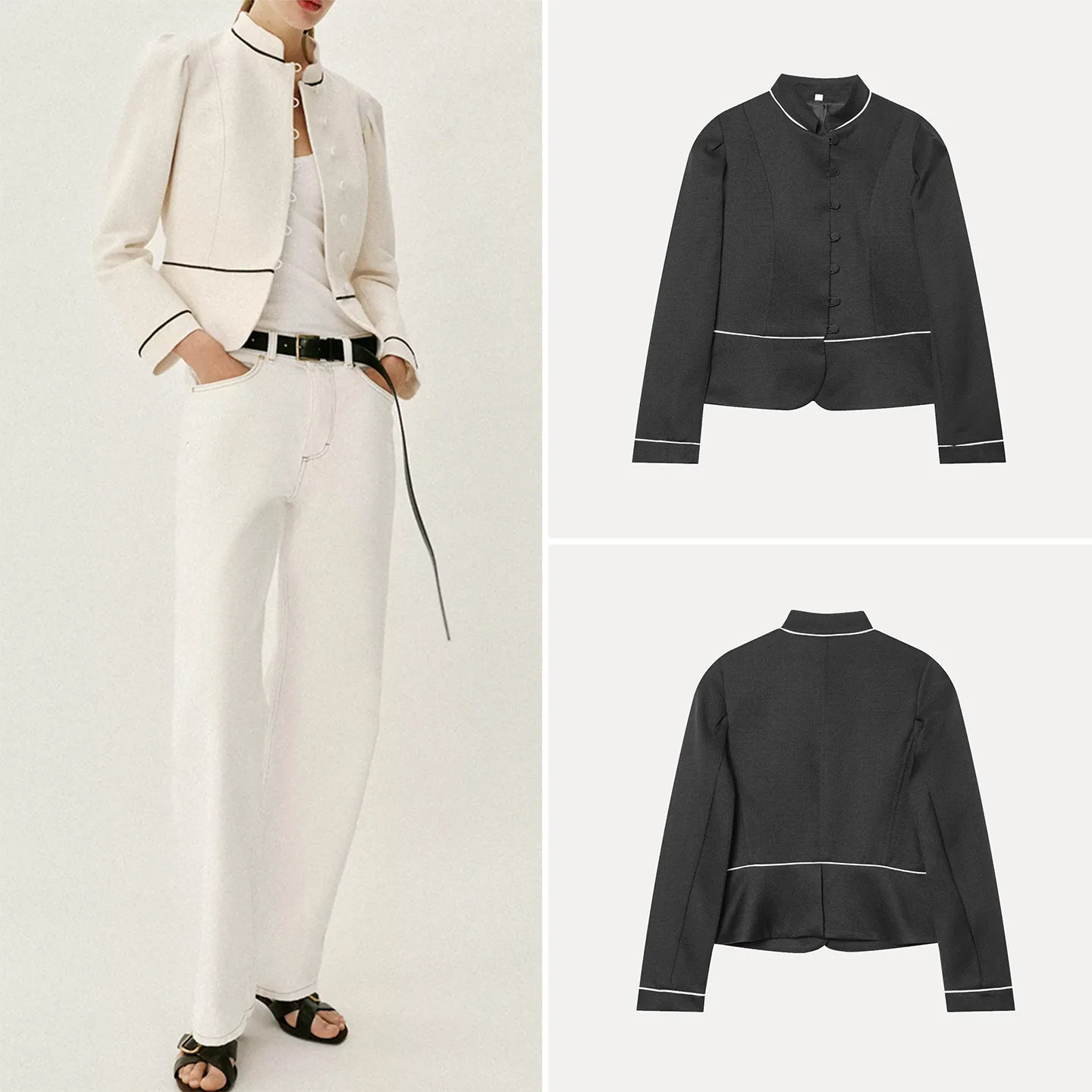 

Women's Slim Fit Long Sleeve Stand Collar Color Block Trim Suit Jacket Casual Style Fashionable And Elegant Summer Wear