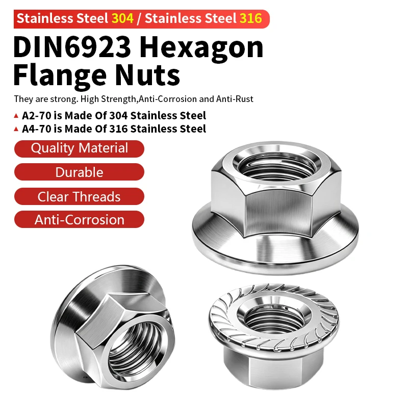 DIN6923 Hexagon Serrated Flange Nuts, 304 316 Stainless Steel Metric Flanged Collar Lock Nut M2.5 M3 M4 M5 M6 M8 M10 M12 M16 M20