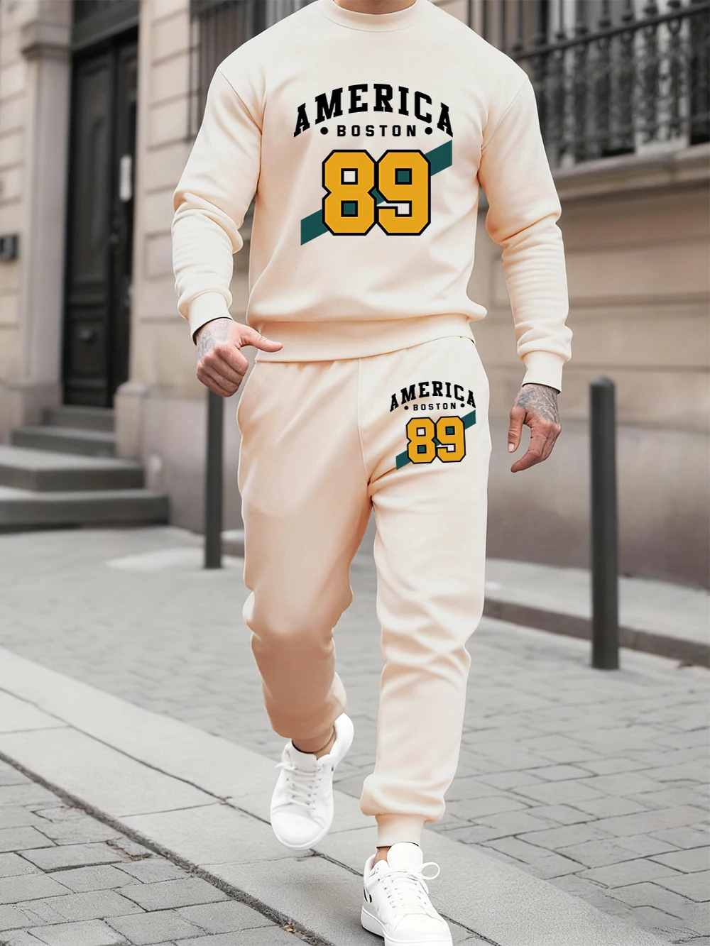 

2 Pcs Hoodies Set Mens America Boston 89 Prints Sweatpants Sporty Loose Fleece Warm Hoody Jogging Pants Autumn Crewneck Clothes