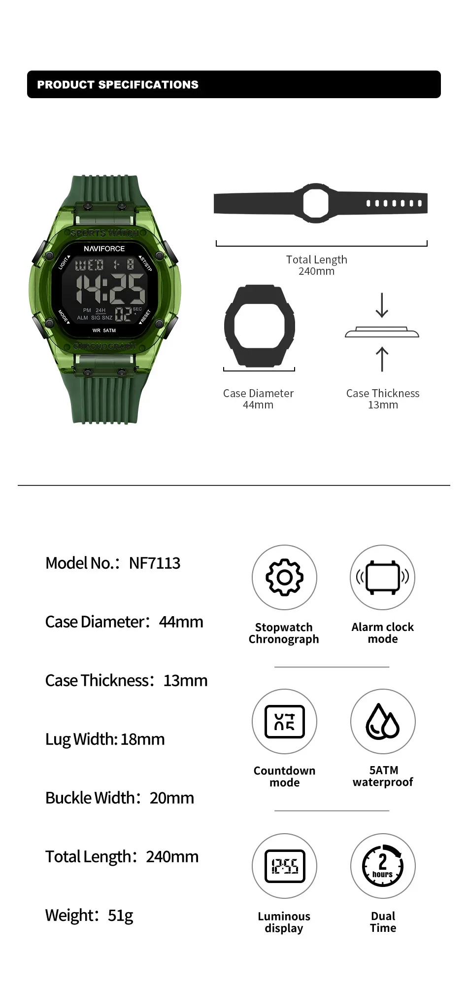 ساعة NAVIFORCE NF7113 للرجال، سوار سيليكون شعبي 5ATM مقاوم للماء، ساعة تقويم إلكترونية بسيطة