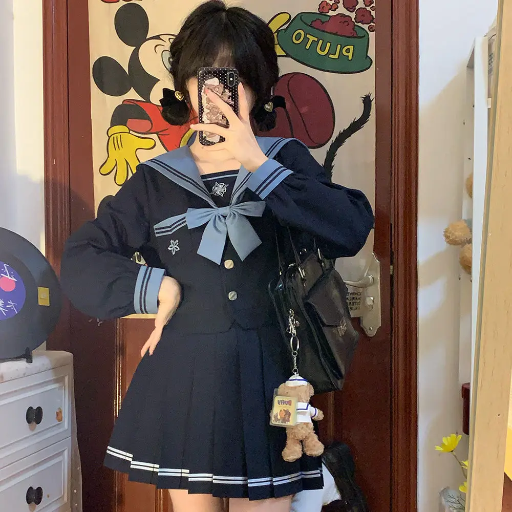 Student Union JK Uniform Sailor Suit Blue Skirt Long Sleeve Navy Collar Bow Tie Two Colors Two-piece Set Vitality Kawaii