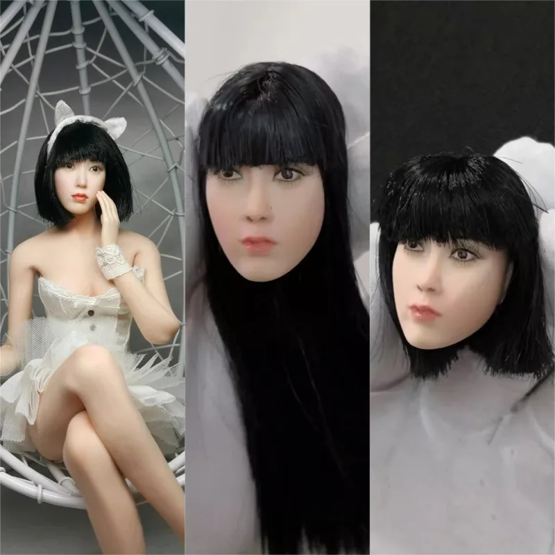 

1/6 Scale Female Soldier Head Carving Black Hair with Bangs Head Sculpture Model for 12" Ph Tbl Body Accessory