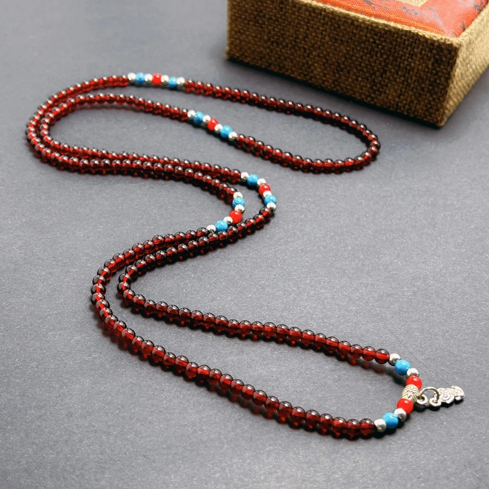 

Korea Jewelry 6mm Garnet Red Beaded Long Chain Necklaces for Women 90cm Elastic Chain Handmade Strand Choker Collier Girls' Gift