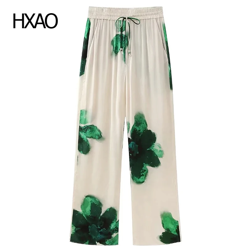 

HXAO Summer Women Printed High Waist Baggy Pants Spring Fashion Fluid Pants Elastic Waist Wide Leg Pants Elegant Pants Slacks