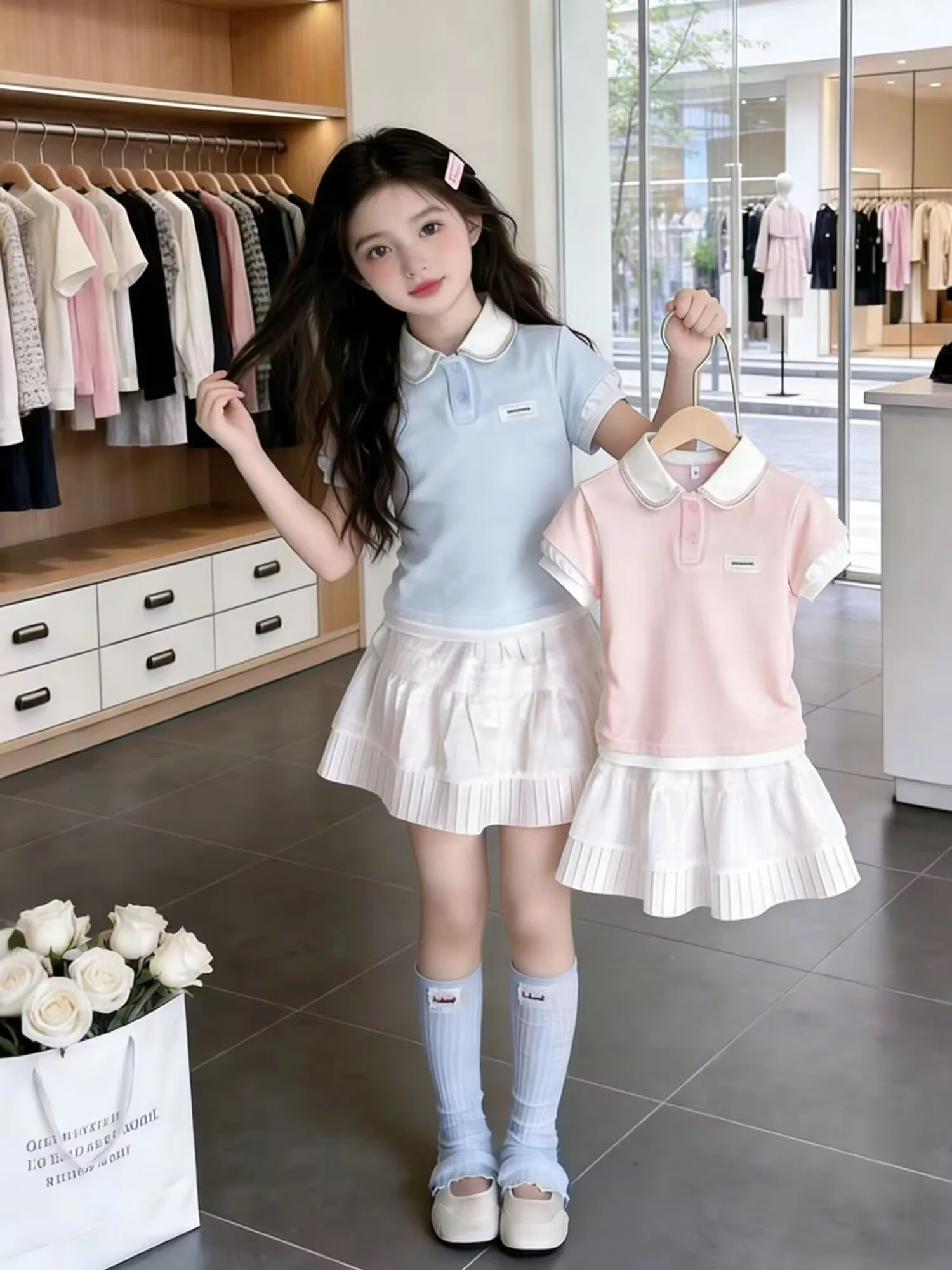 

Подростковые повседневные костюмы 2026 года, розово-голубые, летние комплекты из 2 предметов для девочек, топ + юбка, 5-12 лет