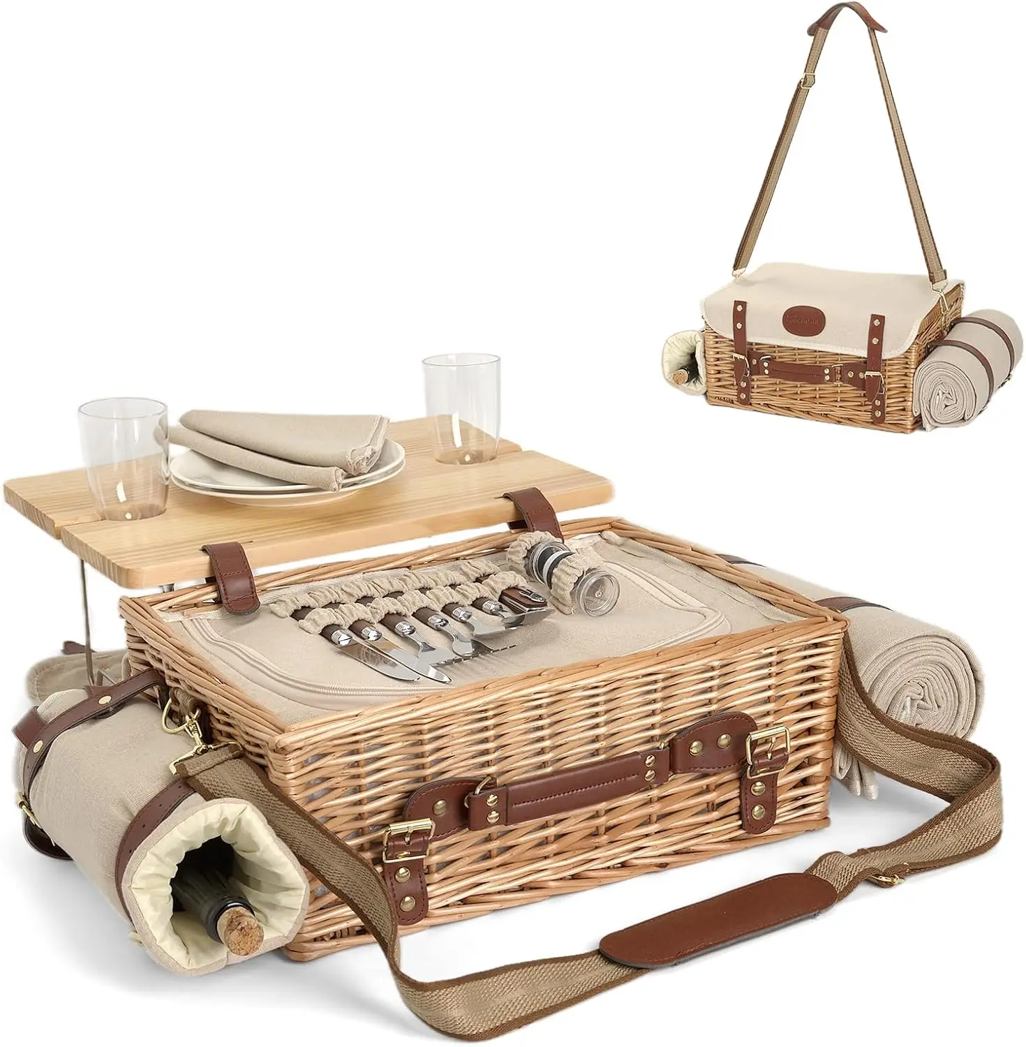 

Mutifunctional Wicker Picnic Basket Set for 2 with Blanket and Picnic Table, Insulated Picnic Set with Full Tablewares for