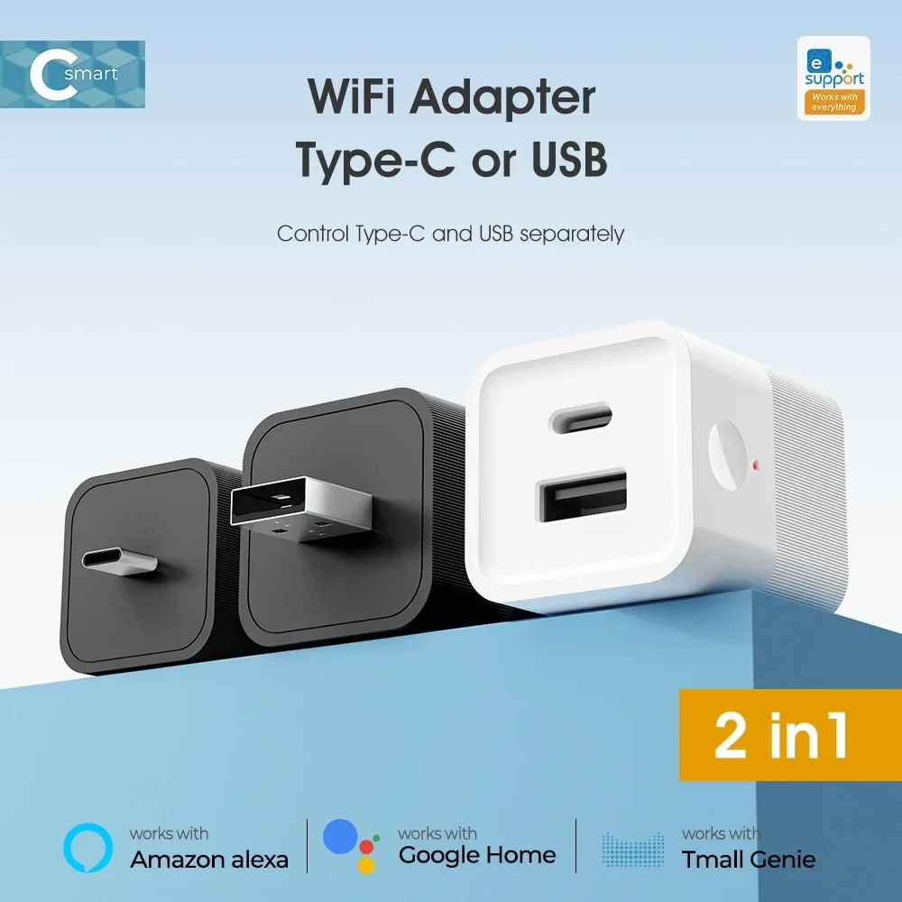 2 in 1 eWelink WiFi Smart Type-C Switch Mini USB Power Adaptor Timing Voice Control Charger Plug Works with Alexa Google Yandex