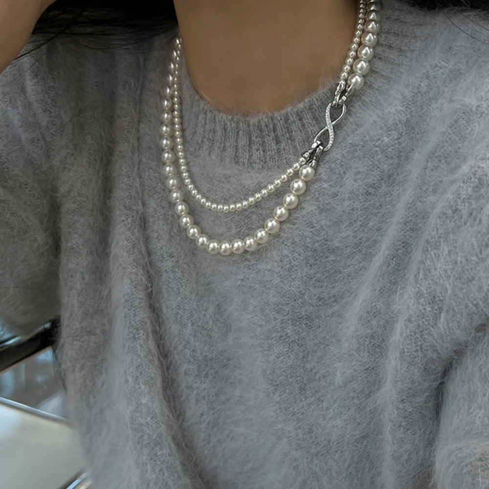 Double Layered Pearl Necklace Clavicle Chain Korean Jewelry Pearl Chain Choker Imitation Pearls Zircon Pearl Chain Beads Party