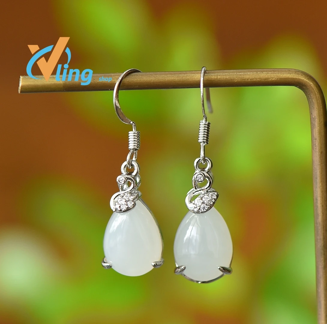 

Copper Inlaid Earhook for Personality Unique Temperament Advanced Earrings White Jade Drip to Cailai Fashion Hotan Jade