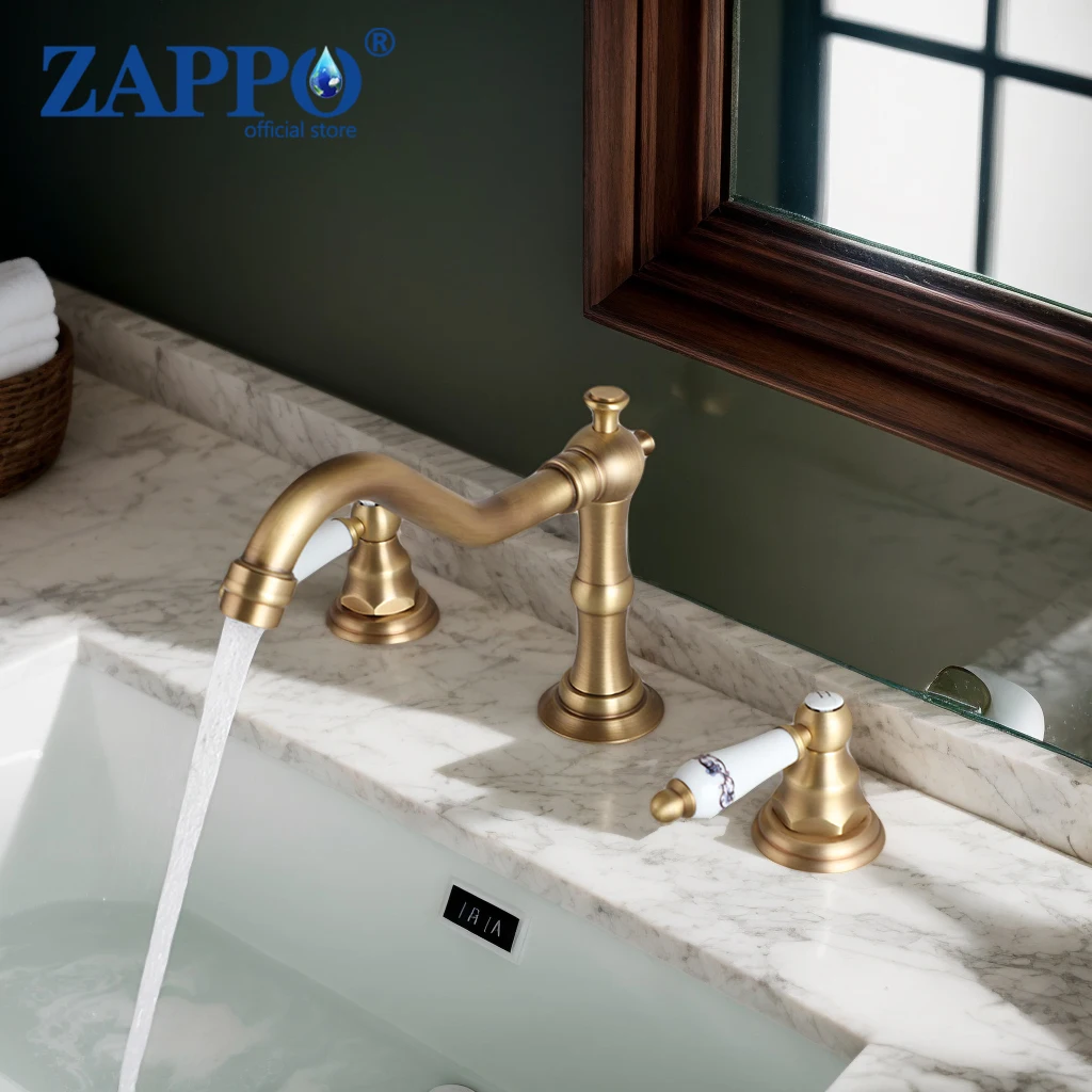 ZAPPO 3 Hole Widespread Bathroom Faucet  Brass Vintage Sink Tap Ceramic Handles Rotatable Spout Antique Retro Basin Mixer Tap