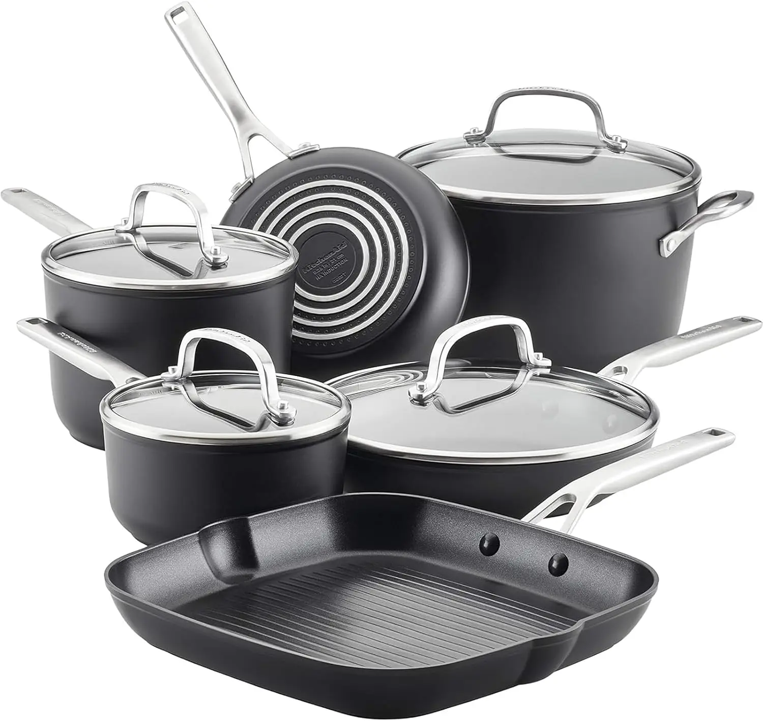 

Набор посуды KitchenAid из 10 предметов, с твердым анодированным покрытием, для индукционных плит, с антипригарным слоем, матовый черный