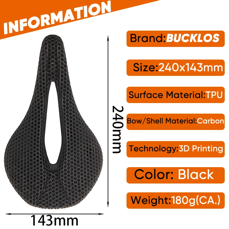 BUCKLOS Carbon Fiber Bicycle Saddle 3D Printed Hollow Road Mountain Bike Saddle Ultralight Comfortable MTB Seat Cycling Parts