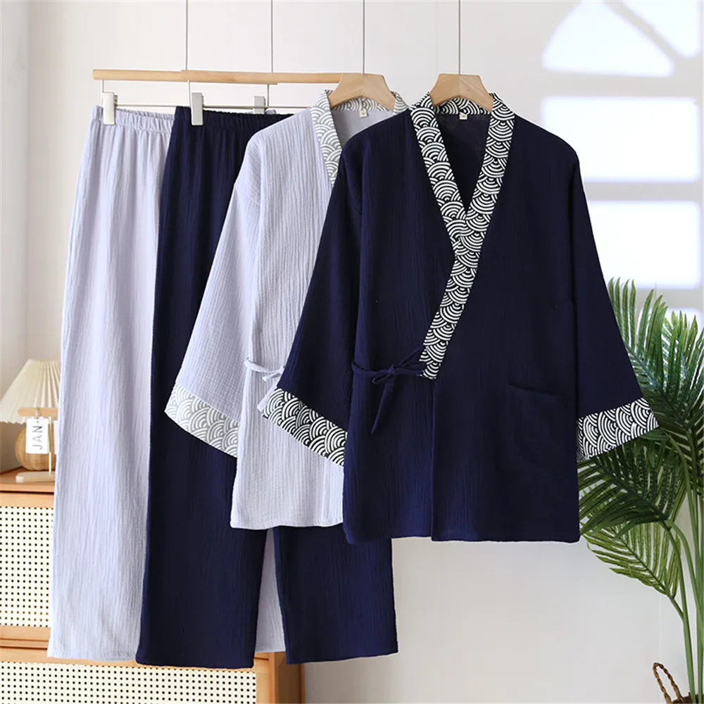 

Spring and Autumn Thin Men's Kimono Robes with Long Trousres Cotton Pajamas Home Pyjamas Set