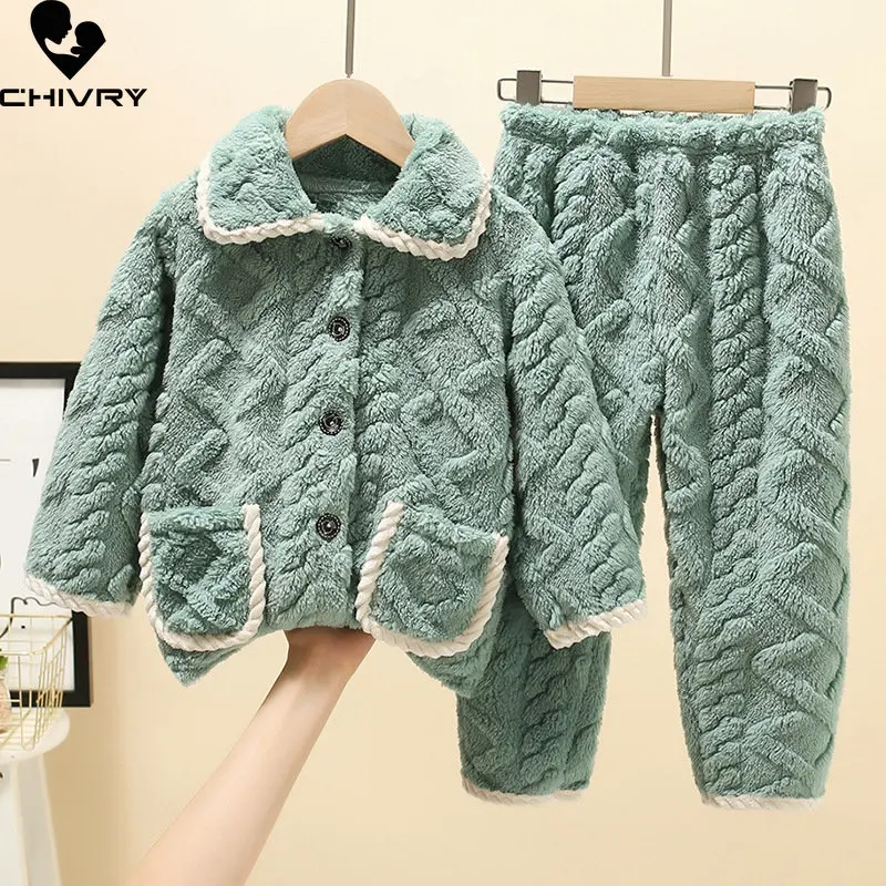 New Kids Boys Girls Autumn Winter Thicken Warm Flannel Pajama Sets Baby Single-breasted Lapel Solid Sleepwear Pyjamas Clothing