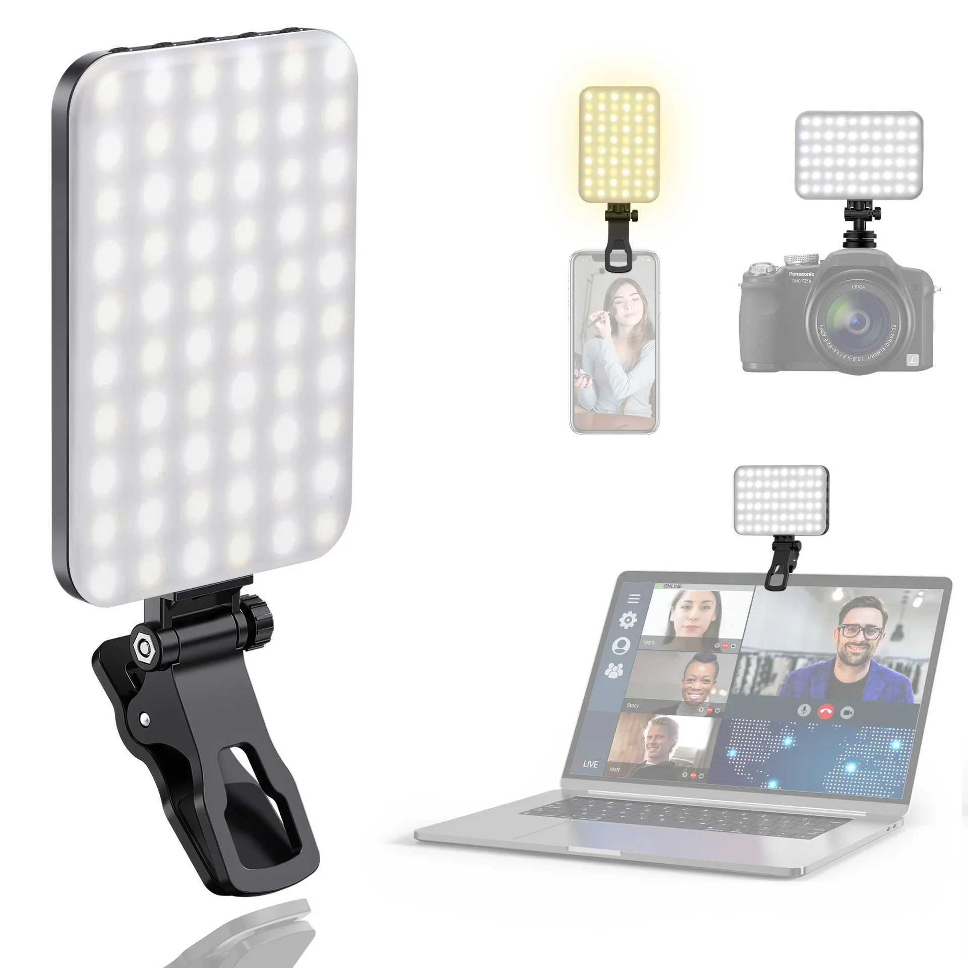 60 LED High Power Rechargeable Clip Fill Video Light with Front & Back Clip Adjusted 3 Light Modes for Phone Laptop