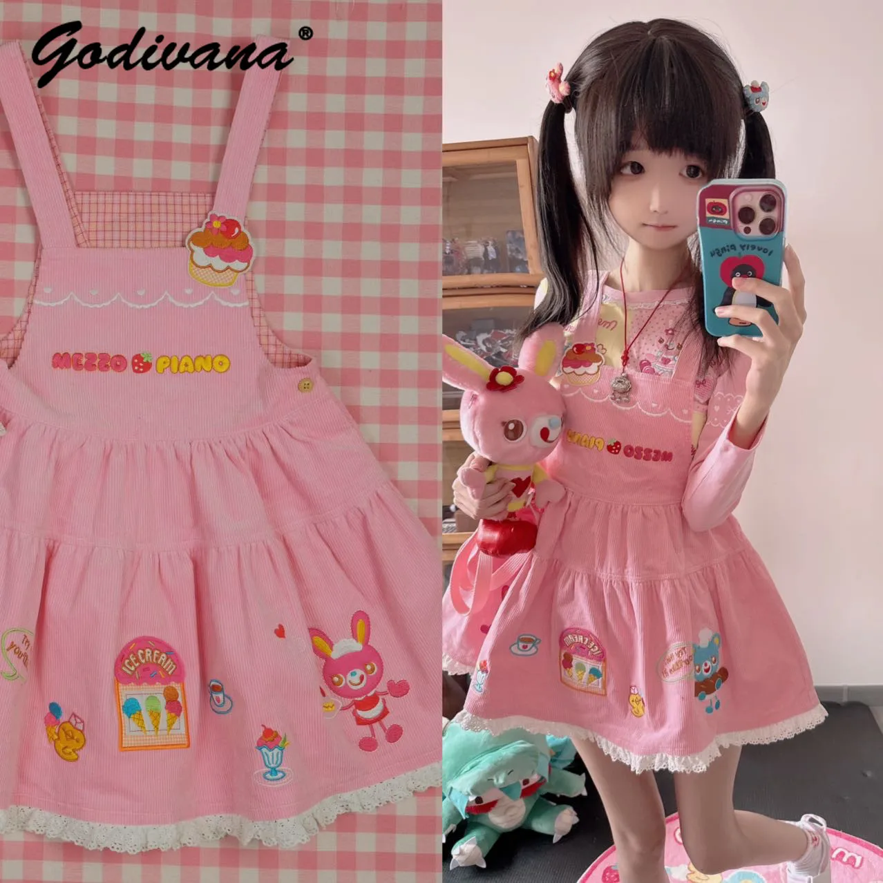 Japanese Style Cute Sweet Girls Y2K Pink Straps Skirt Subculture Spring and Summer Women's Kawaii Cartoon Suspender Skirts