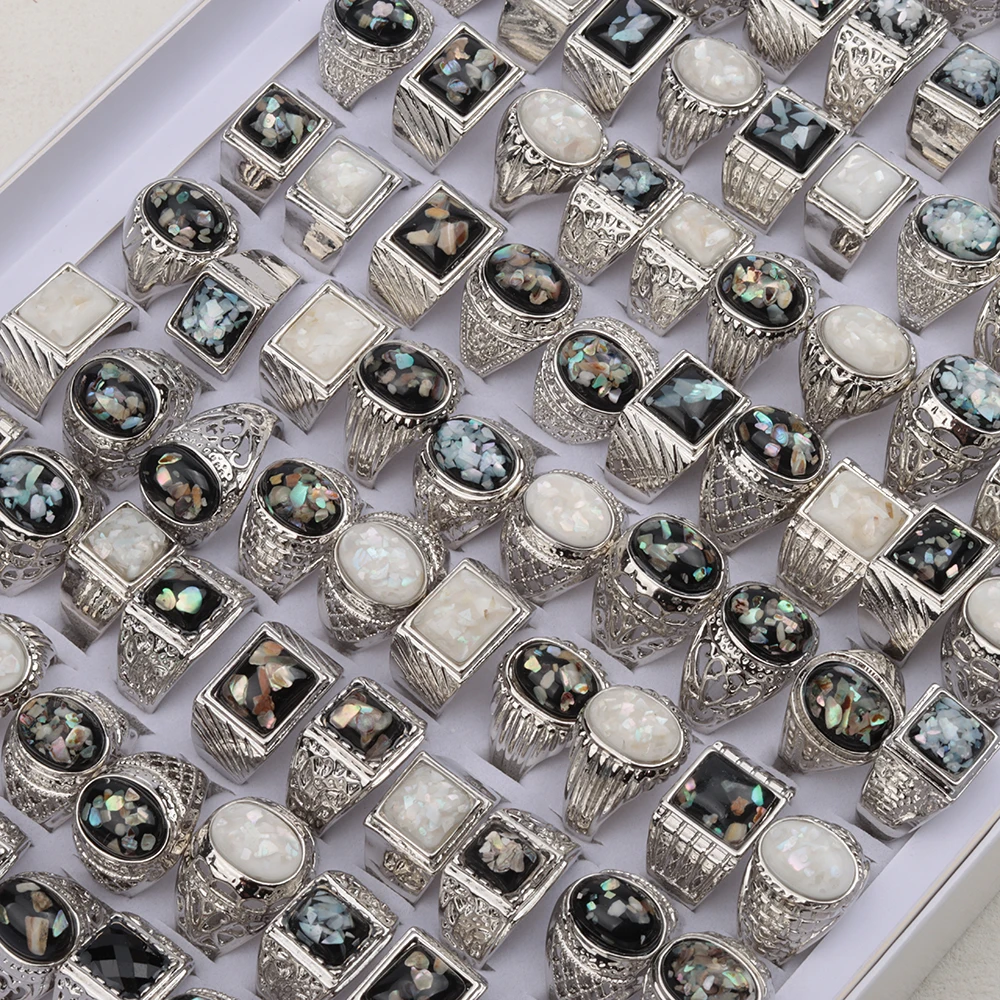 20 Pcs/Lot Imitation Nature Square Oval Cameo Shell Stone Rings for Men Fashion Wholesale Party Jewelry Size 19-23mm