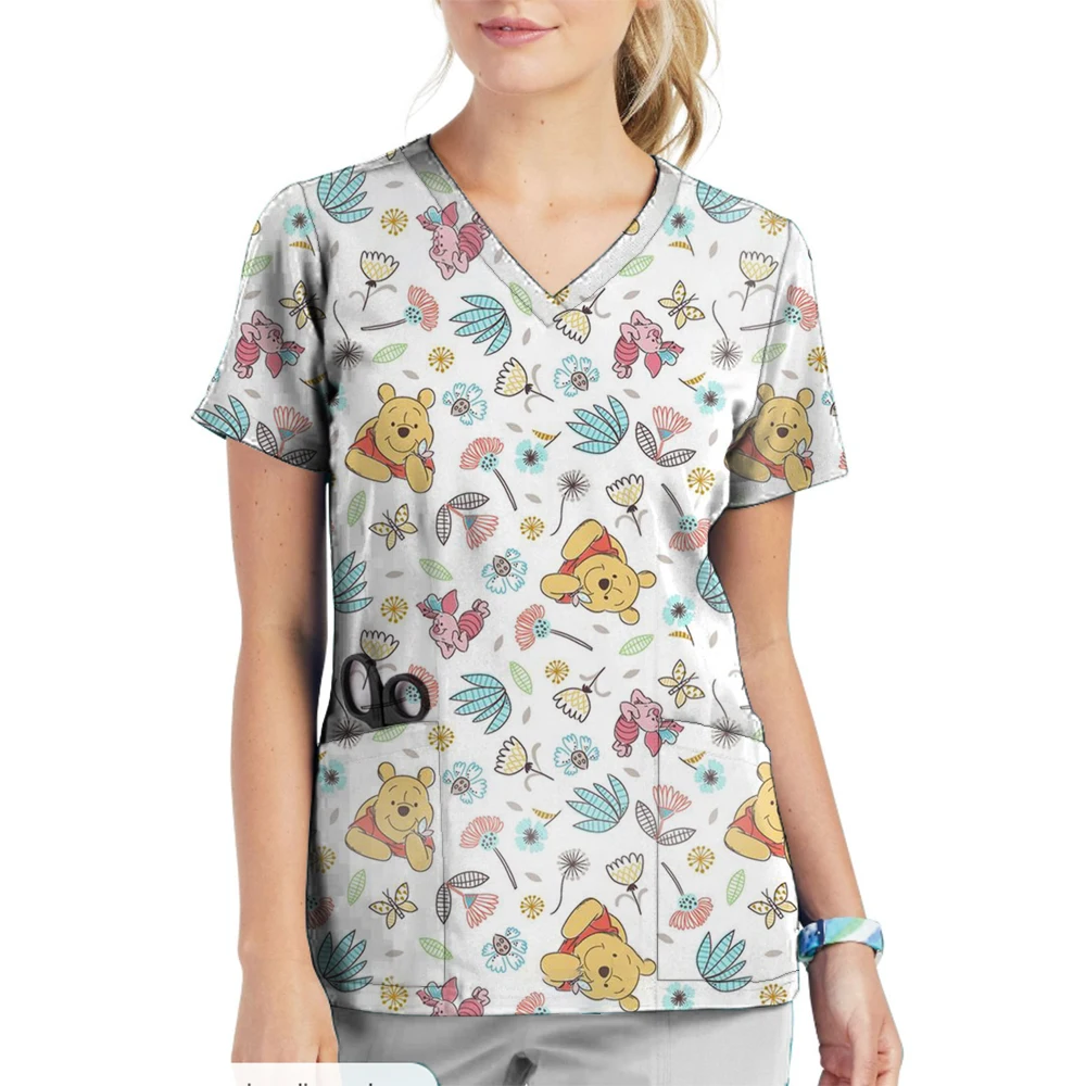 New Medical Clothing for Women Spa Uniforms Disney Winnie the Pooh print Scrubs Top Pet Clinic Beauty Shop Doctor Lab Coat Whole